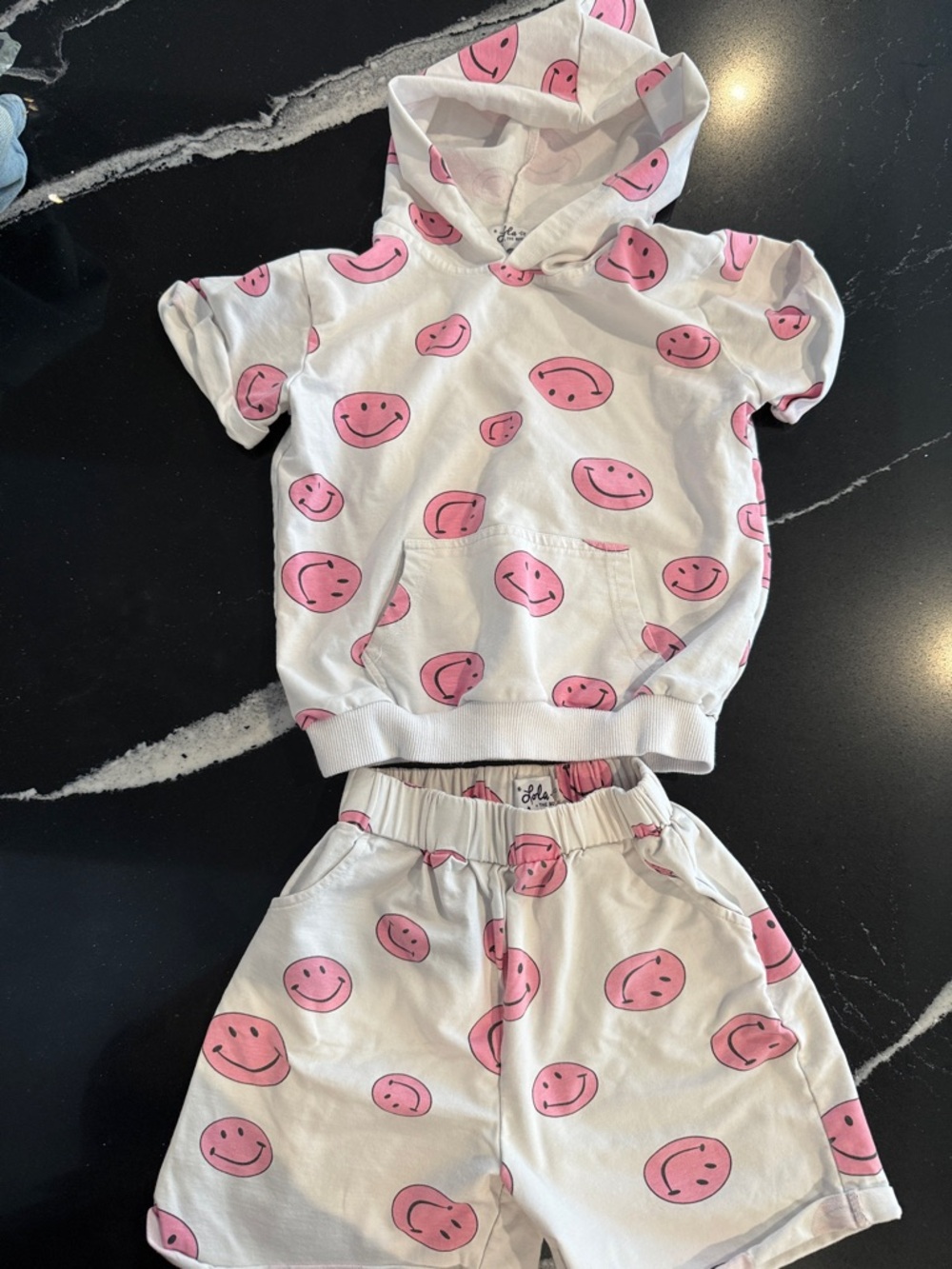 Lola + The Boys White Hoodie & Shorts Set with Pink Smiley Print - Picture 2 of 5